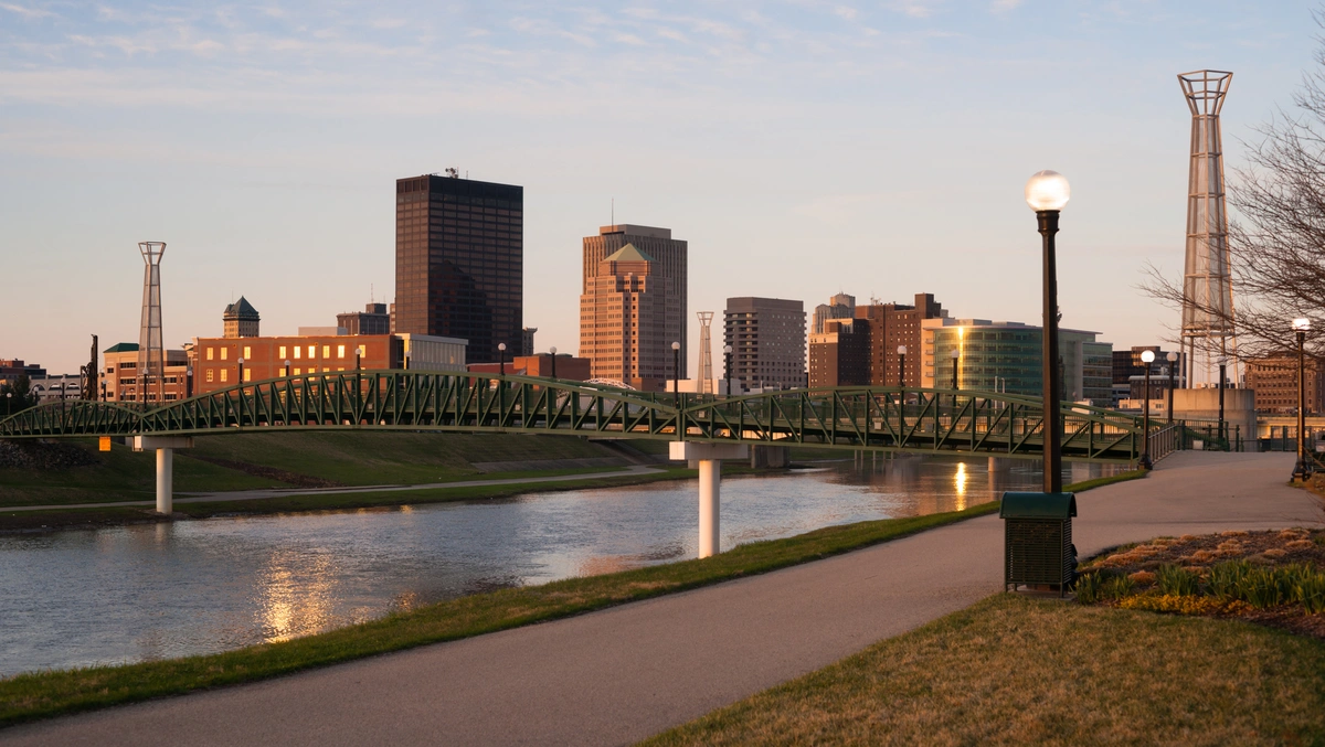 downtown skyline by the river in Dayton
