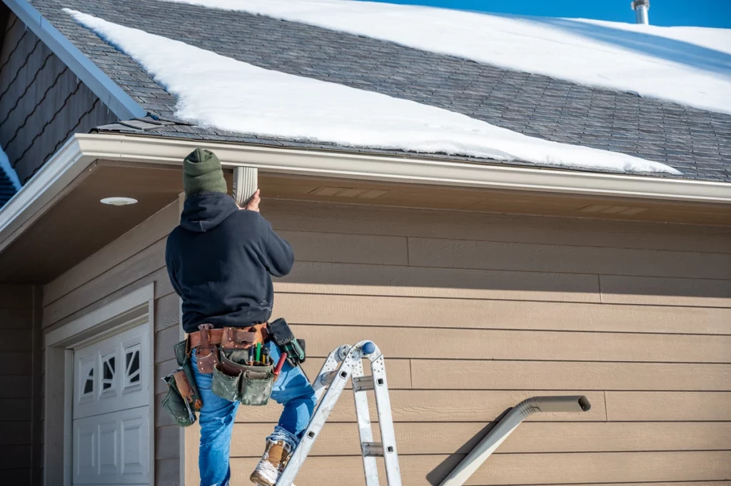 Roofer installs a downspout