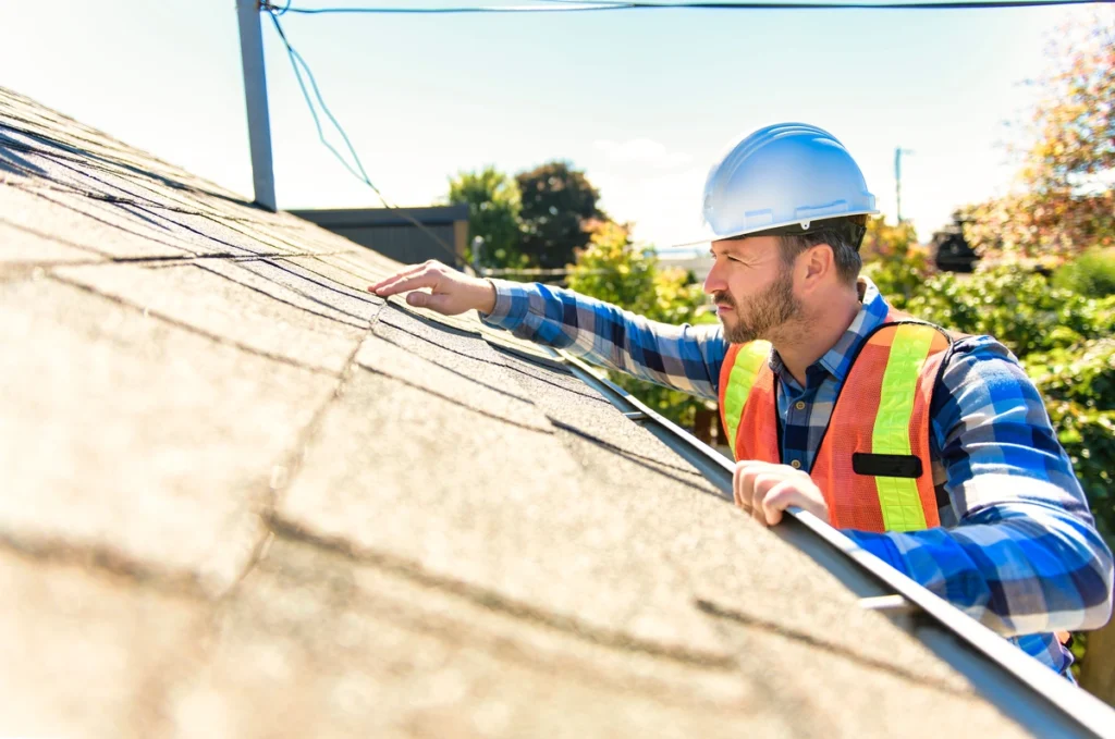 Professional inspector carefully feeling and assessing the surface of a steep-pitched asphalt shingle roof for subtle signs of hail or wind damage.
