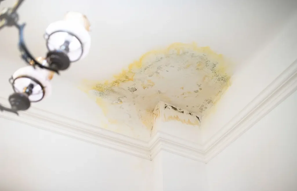 water stain and chandelier