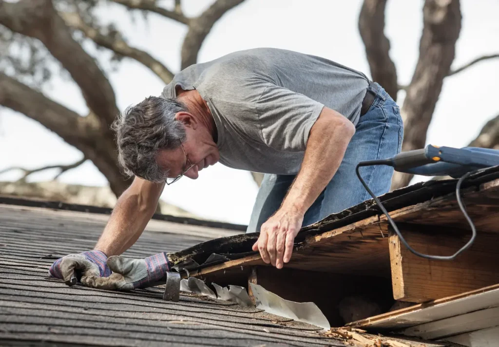 man bent over on roof doing diy fixes