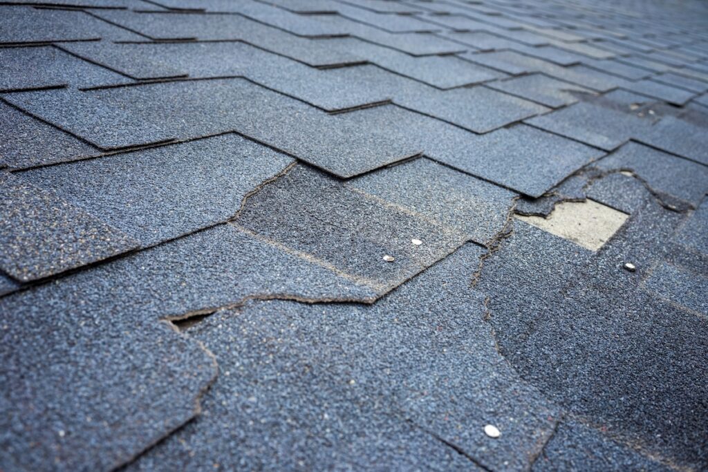 Сlose up view of shingles that are damaged and need repair