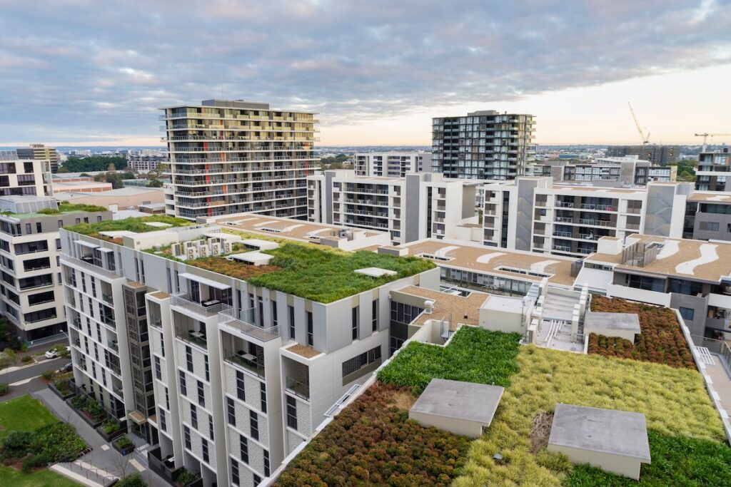 Plants growing on the roof of an apartment complex