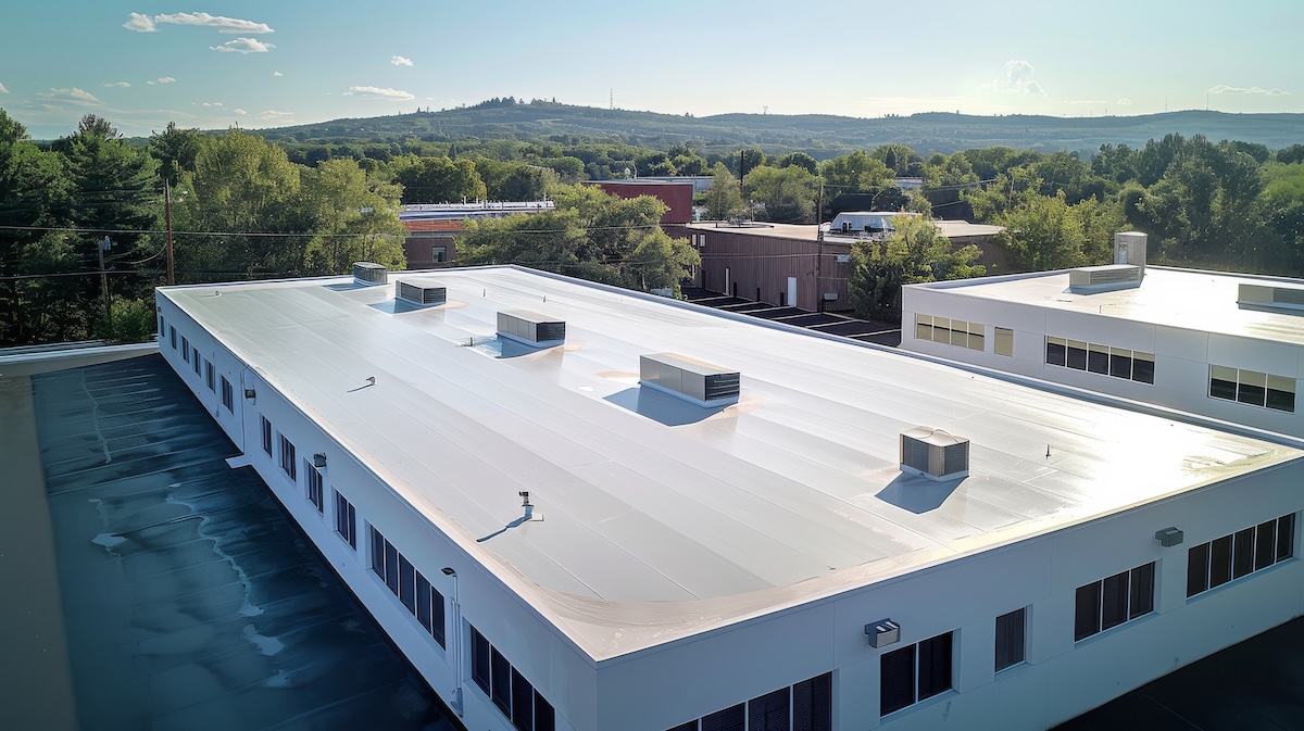 Seamless white PVC commercial flat roof of factory