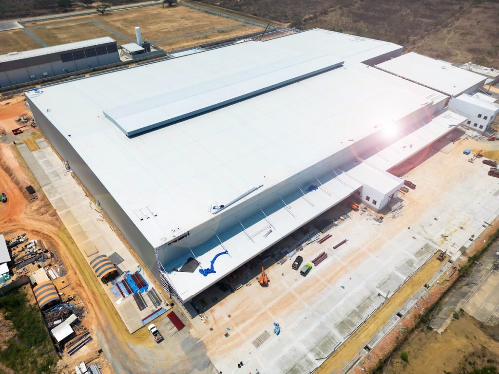 High angle view architectural detail of metal roofing on commercial construction