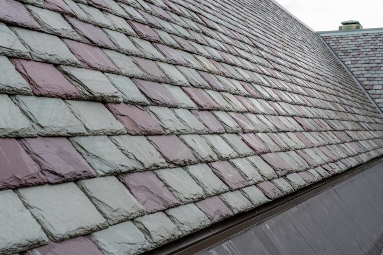 Slate roofing tiles on a historic building. Attractive, durable roofing material.