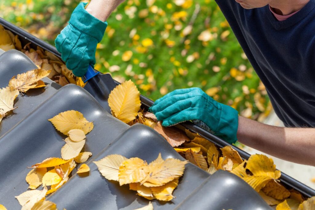 man cleaning out leaves from a gutter
