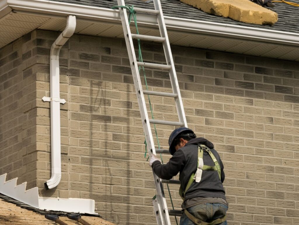 how to check for roof damage after a storm roof inspection worker inspecting on top of ladder