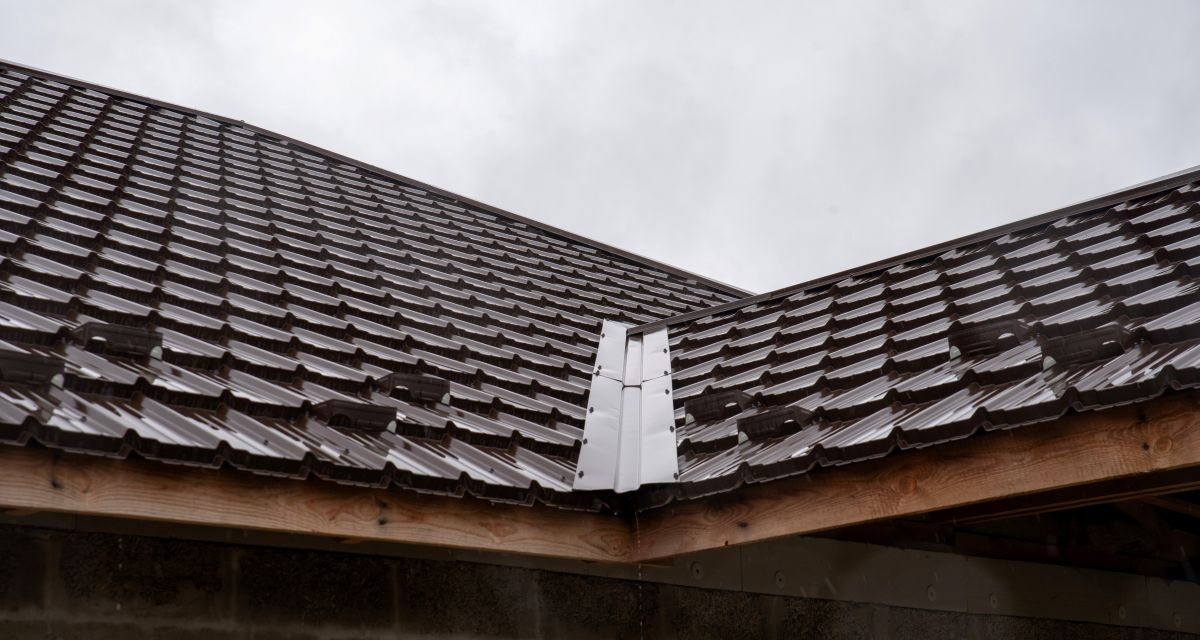 metal roof flashing metallic tiles close up