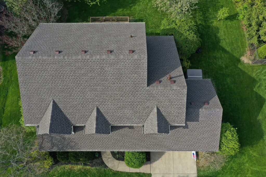 aerial view of a newly installed roofing system