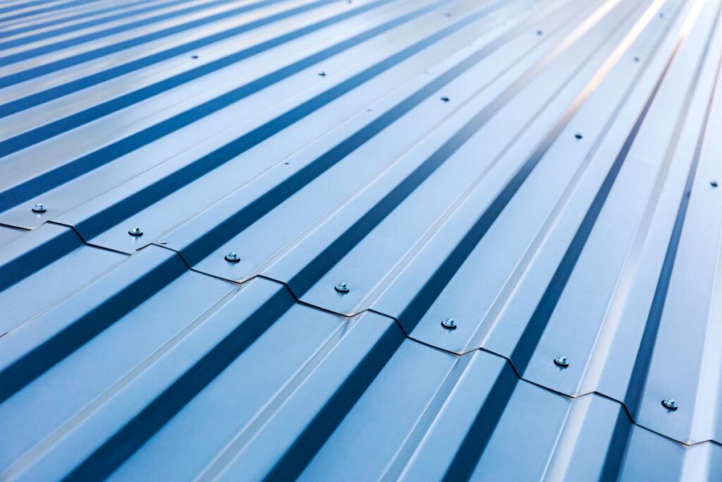 blue corrugated metal roof with rivets, industrial background, metal roof fasteners