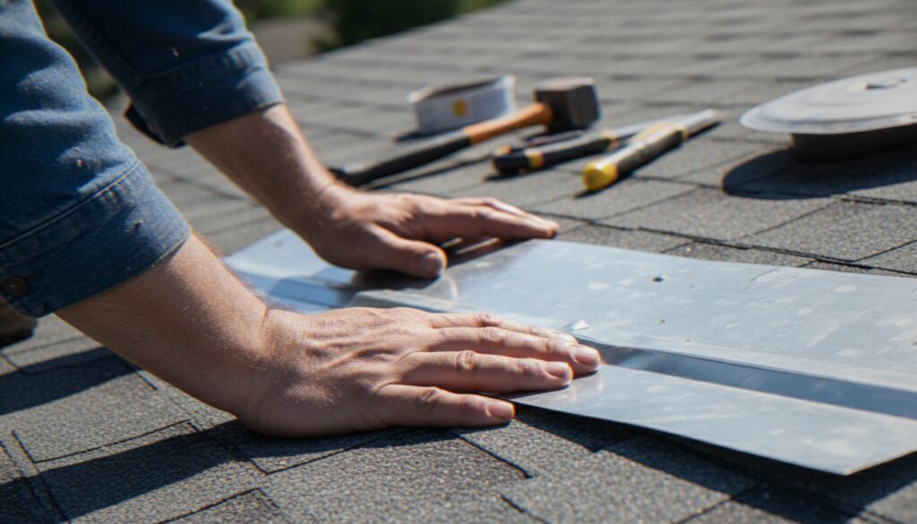 A close-up view of a professional roofer's hands installing metal flashing on a residential asphalt shingle roof during a repair.